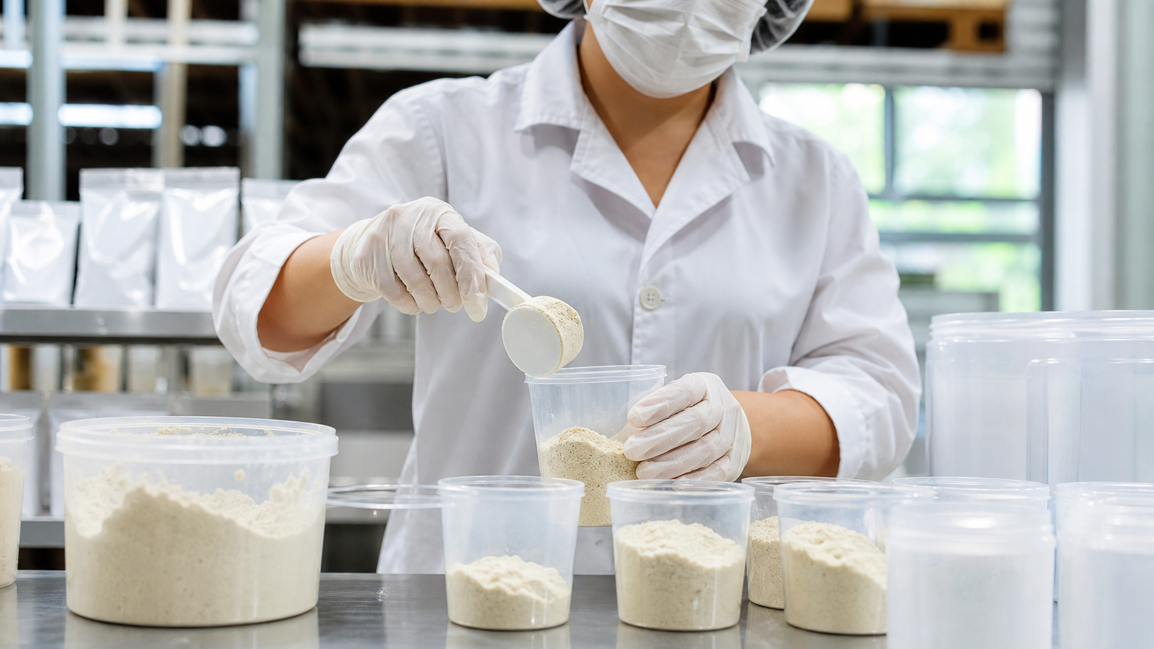 FMCG Sampling & Retail Packaging Supplies Sampling cups and measuring products in a retail production setting